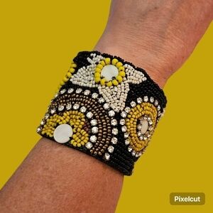 Mare SOLE AMORE Artisan Denim Floral Beadwoven Rhinestone Wide Bracelet